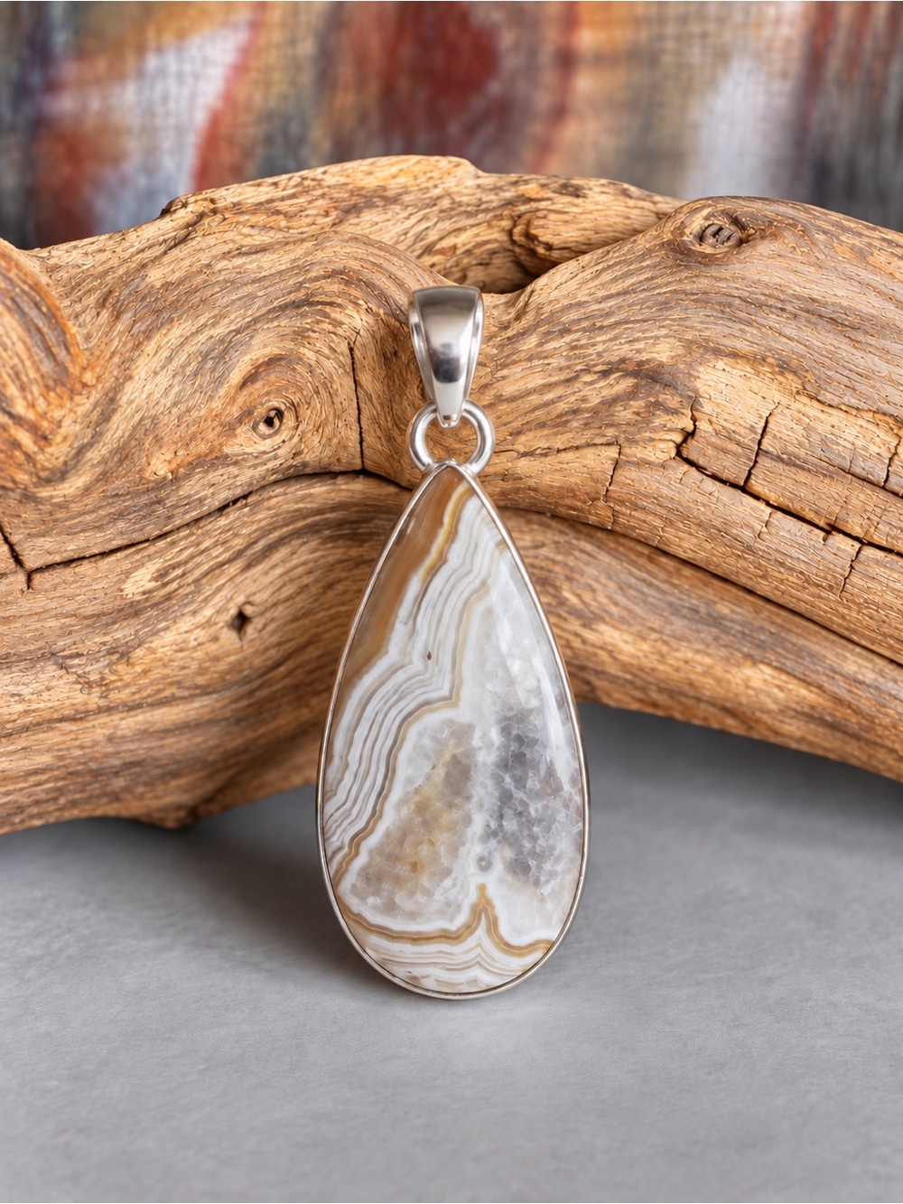 925 Sterling Silver Crazy Lace Agate Teardrop Pendant